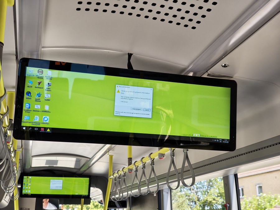 Info screens on public transit here in Northern Jutland run Windows -- until Windows runs out of memory, that is.